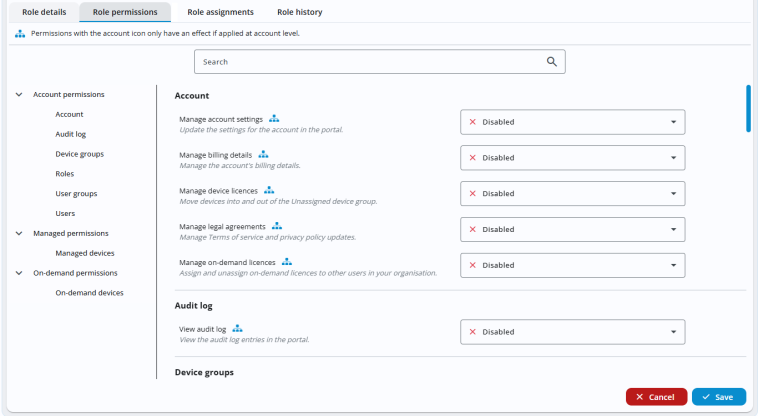 Role permissions tab showing account, managed device and on-demand device permissions, with all permissions set to Disabled.